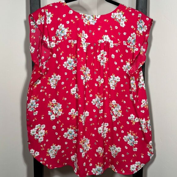 LOFT Red Floral Flutter Sleeve Blouse – Feminine & Flirty - Picture 4 of 6